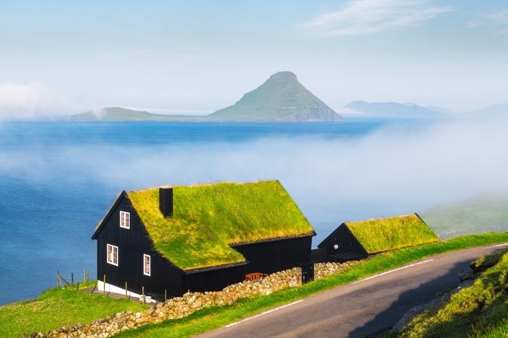 Foggy morning view of a house with typical grass roof